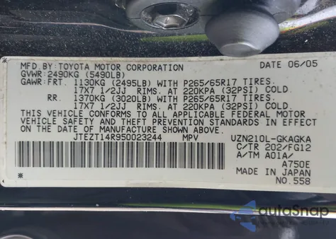 2005 Toyota 4Runner Sr5 V8 from USA, damaged, VIN JTEZT14R950023244